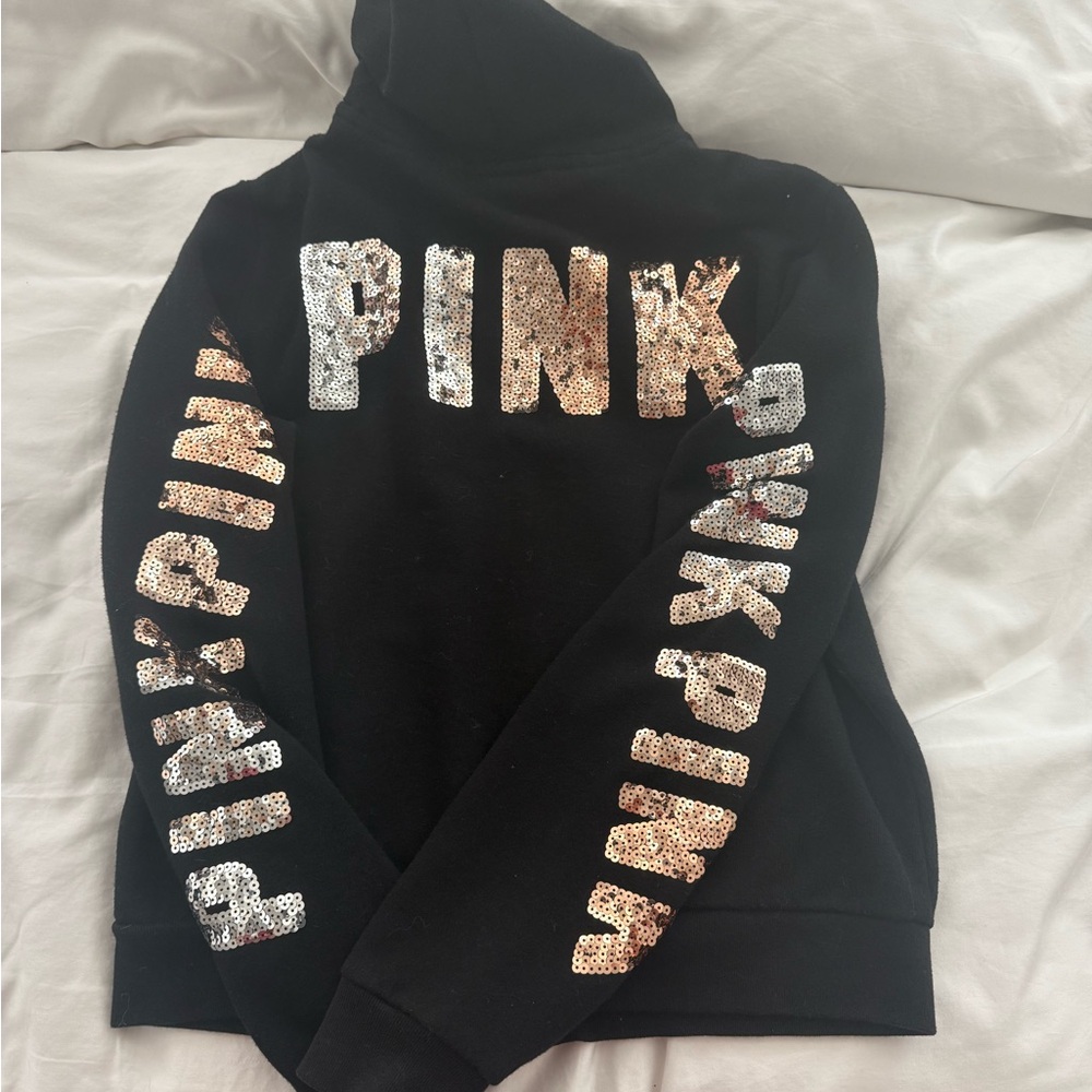 PINK Victoria Secret Black Bling Hoodie with Bling Lettering